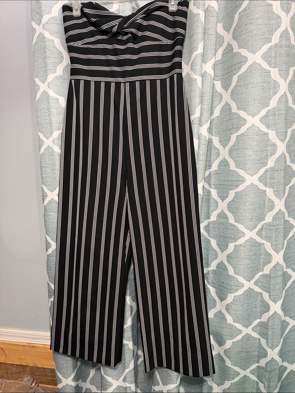 Veronica Beard Black with White Stripe Strapless Wide-Leg Jumpsuit EUC